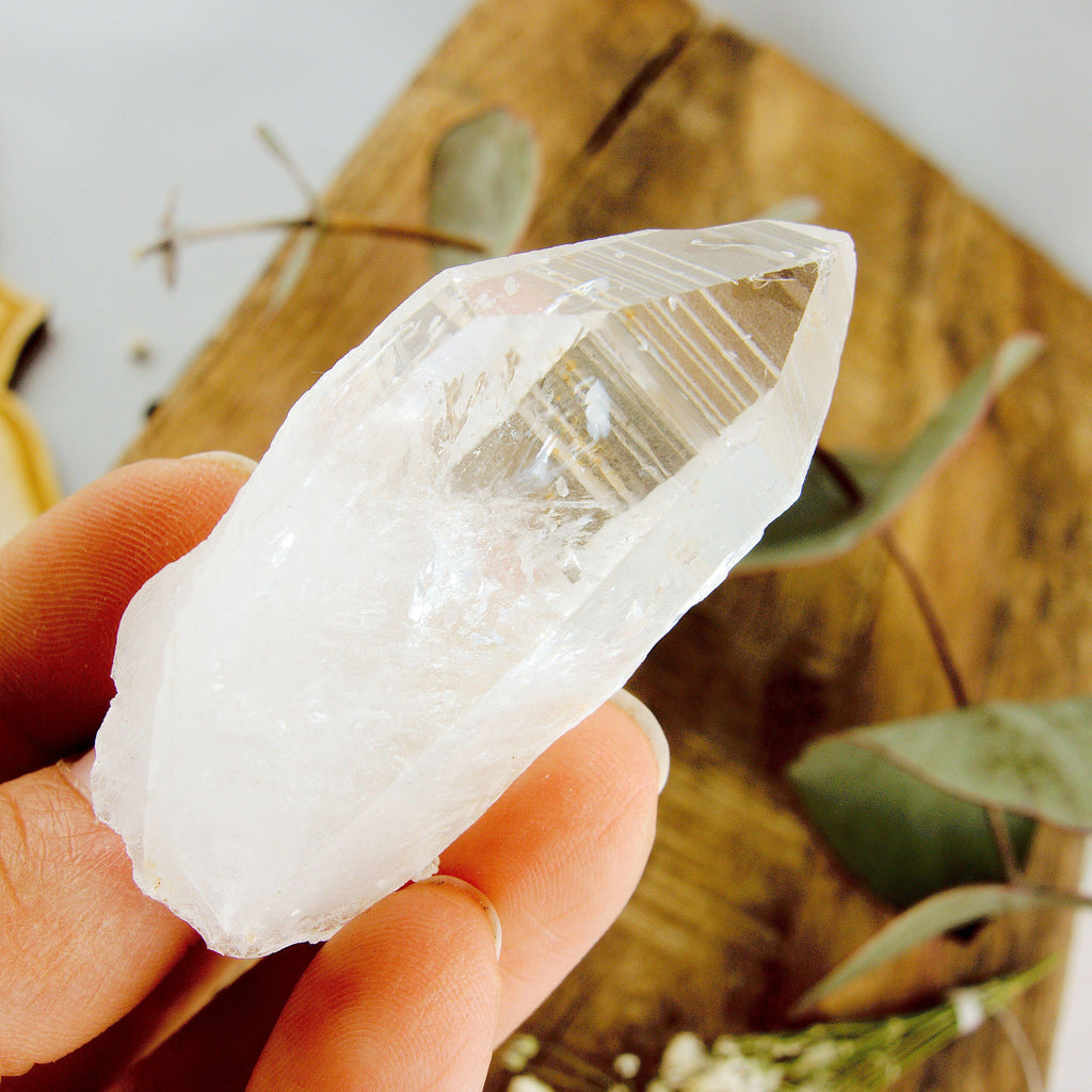 High Vibe Handheld Lemurian Seed Quartz Point With Natural Barcode Etching From Brazil #2 - Earth Family Crystals