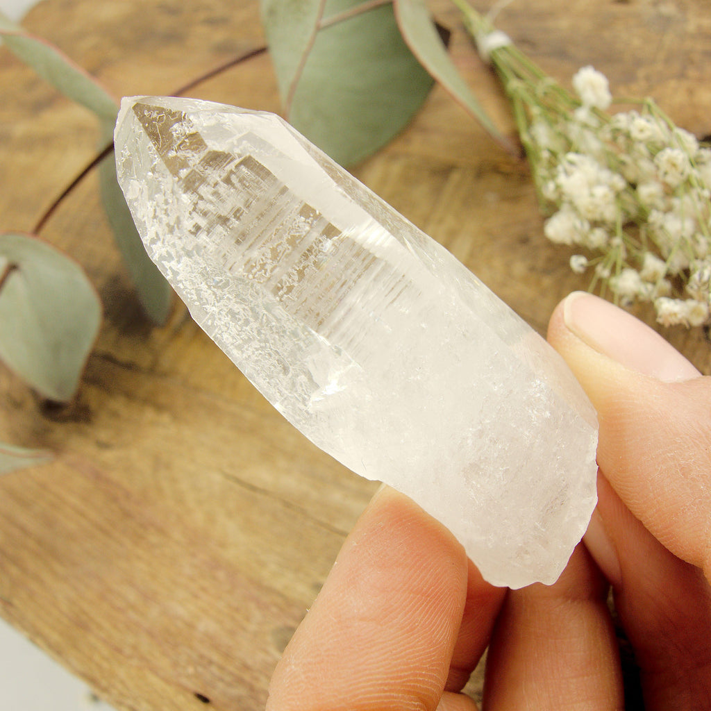 High Vibe Handheld Lemurian Seed Quartz Point With Natural Barcode Etching From Brazil #1 - Earth Family Crystals