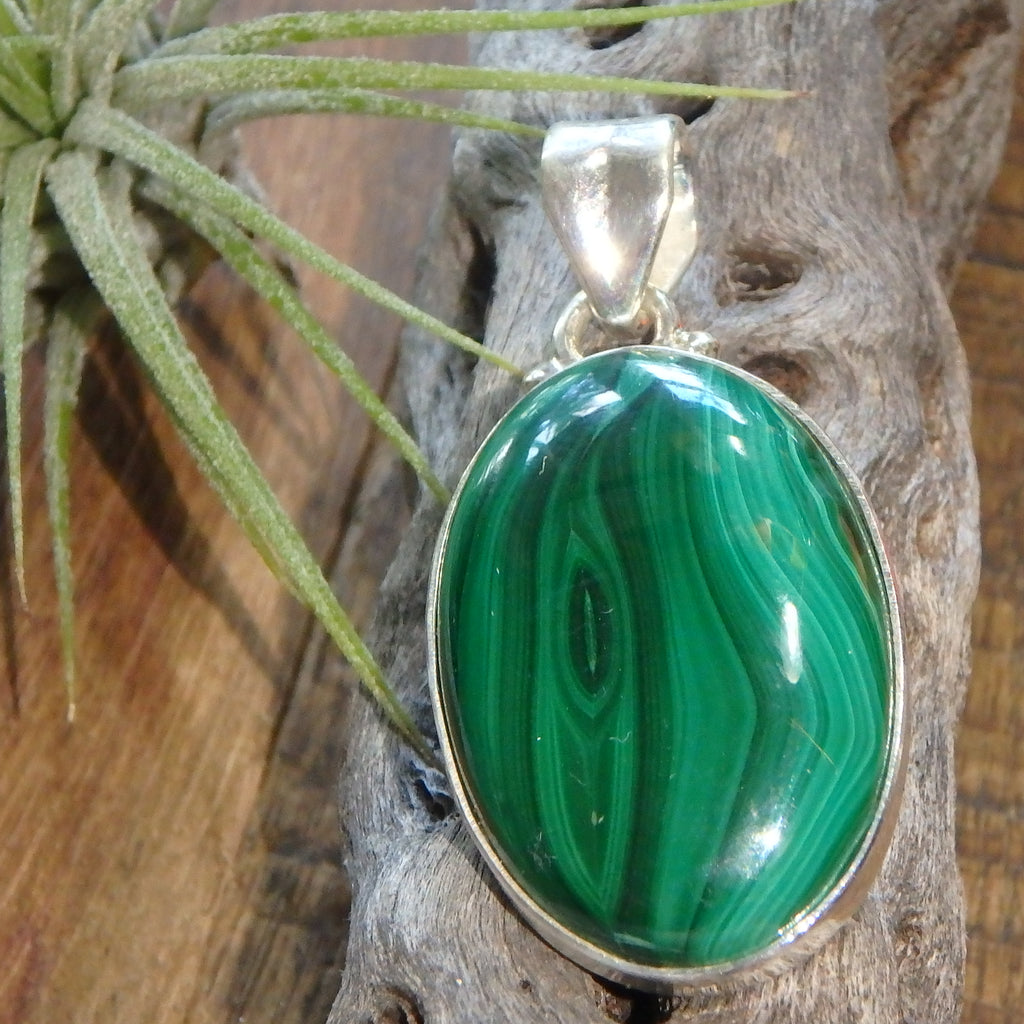 Nature Stone Green Swirls Malachite Gemstone Pendant in Sterling Silver (Includes Silver Chain) - Earth Family Crystals