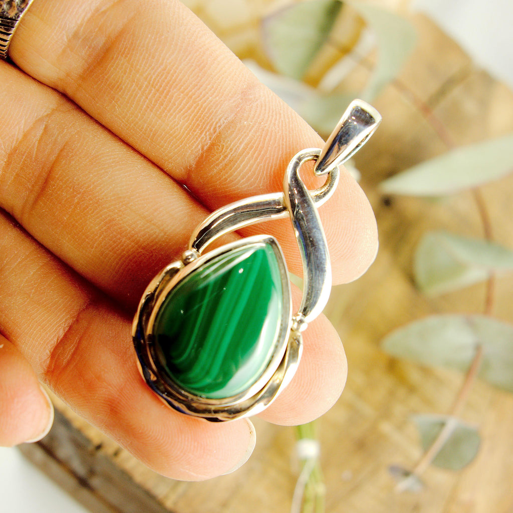 Green Swirls Malachite Elegant Pendant in Sterling Silver (Includes Silver Chain) - Earth Family Crystals