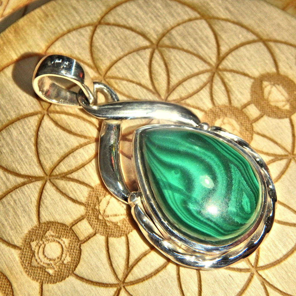 Green Swirls Healing Malachite Sterling Silver Pendant (Includes Silver Chain - Earth Family Crystals