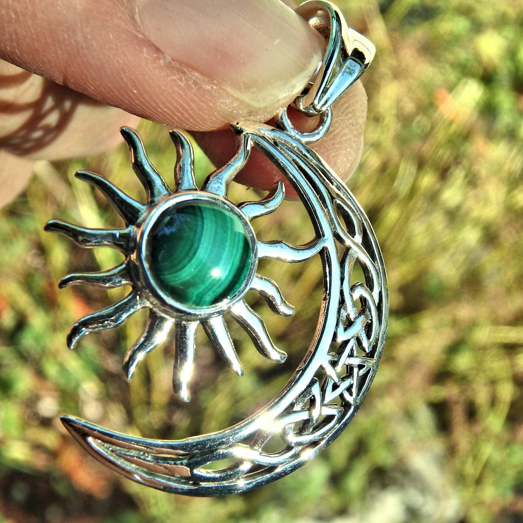 Moon & Sun Malachite  Pendant in Sterling Silver (Includes Silver Chain) - Earth Family Crystals