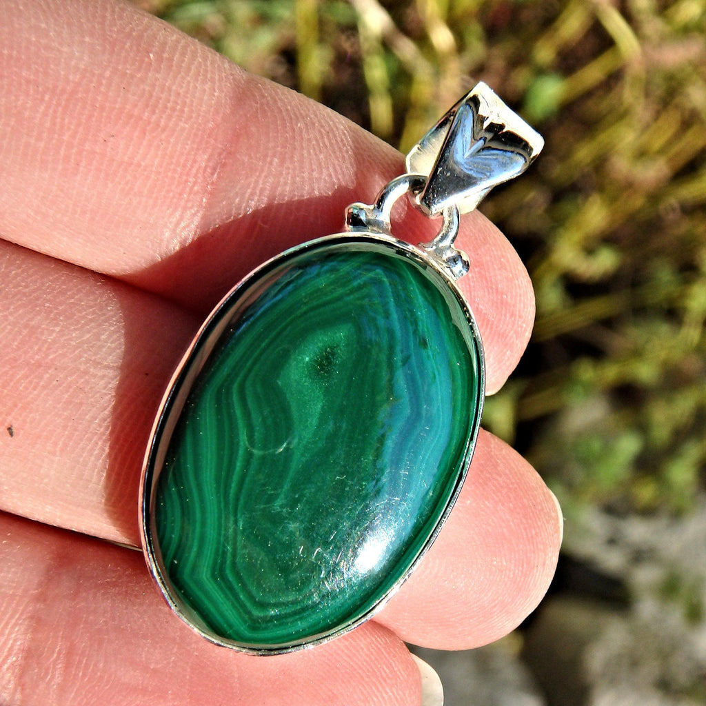Swirls of Green Shiny Malachite  Pendant in Sterling Silver (Includes Silver Chain) - Earth Family Crystals