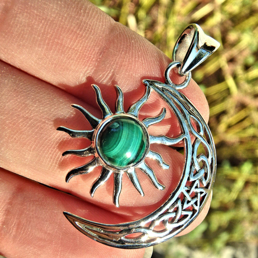 Moon & Sun Malachite  Pendant in Sterling Silver (Includes Silver Chain) - Earth Family Crystals