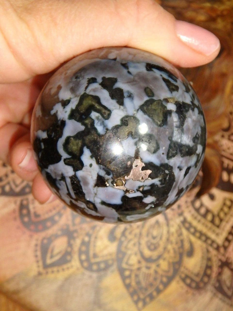 Hidden Gold Flashes Mystic Merlinite Sphere Carving - Earth Family Crystals