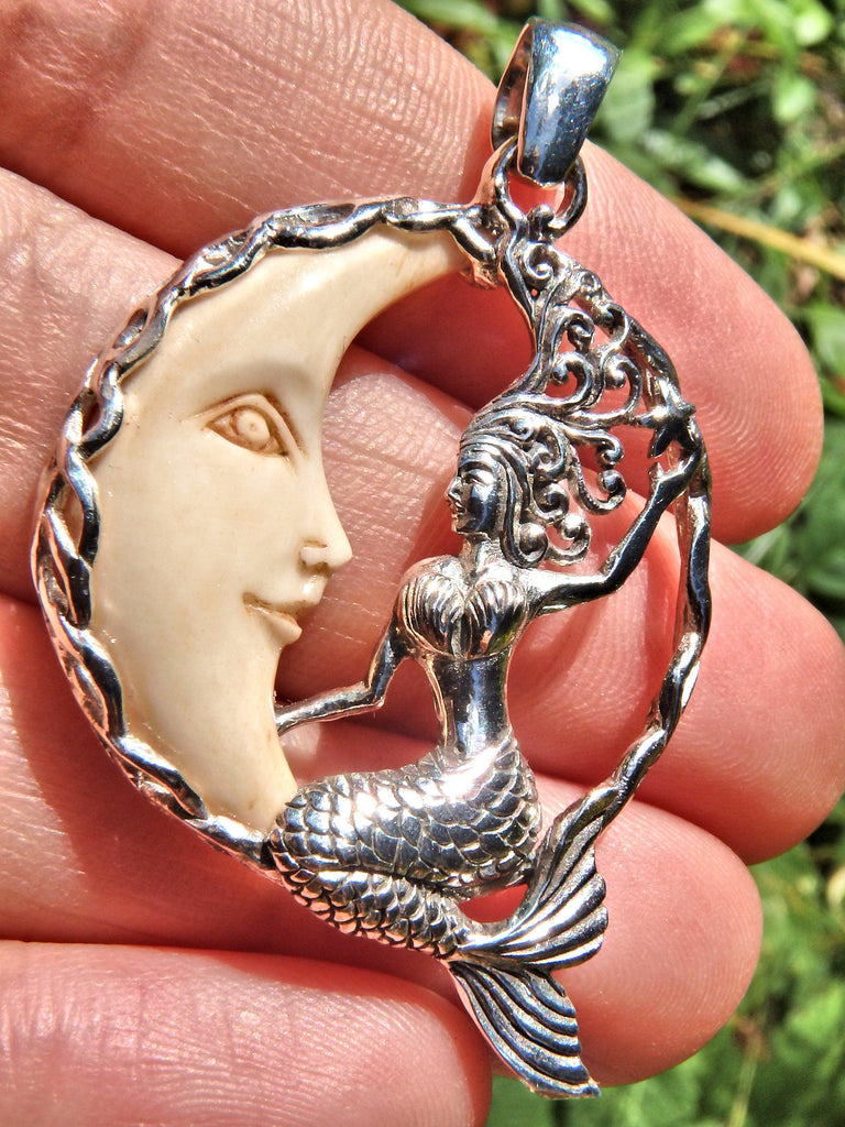 Majestic Mermaid & Golden Crescent Moon Bone  Pendant in Sterling Silver (Includes Silver Chain) - Earth Family Crystals