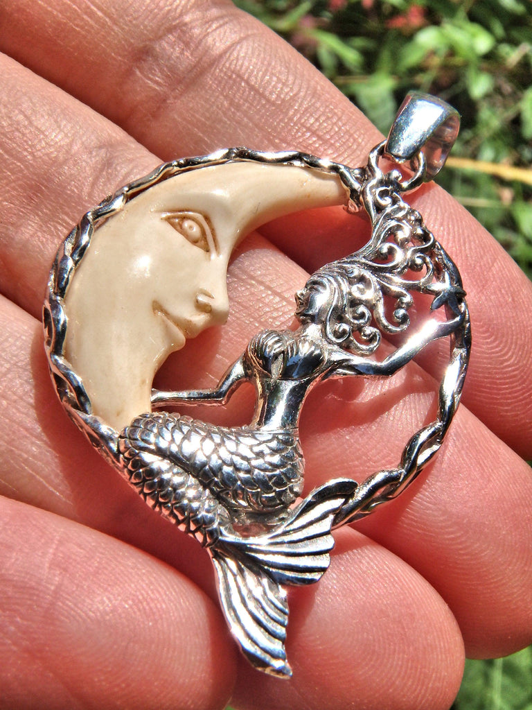 Majestic Mermaid & Golden Crescent Moon Bone  Pendant in Sterling Silver (Includes Silver Chain) - Earth Family Crystals