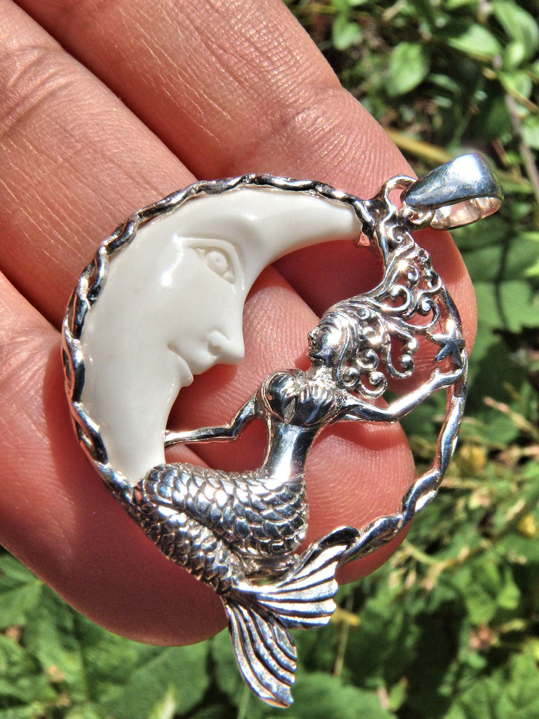 Pretty Mermaid & White Crescent Moon  Pendant in Sterling Silver (Includes Silver Chain) - Earth Family Crystals