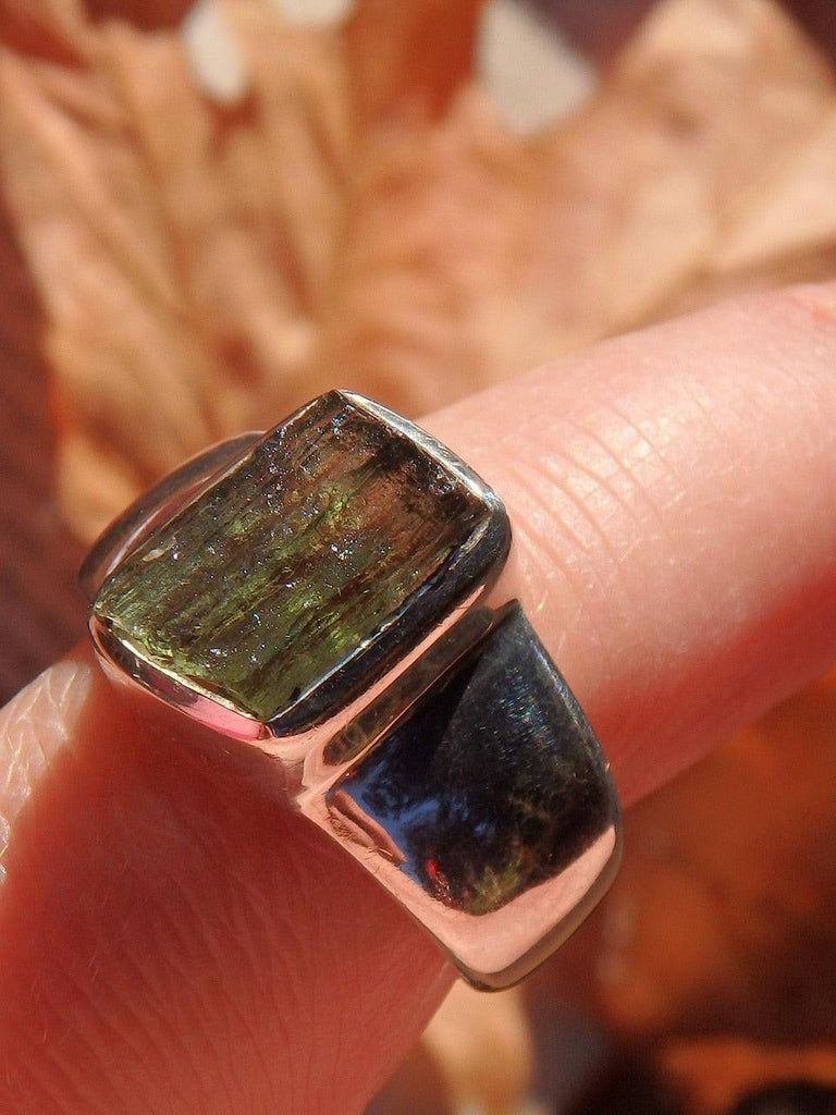 Great Texture Genuine Green Moldavite Ring In Sterling Silver (Size 8) - Earth Family Crystals