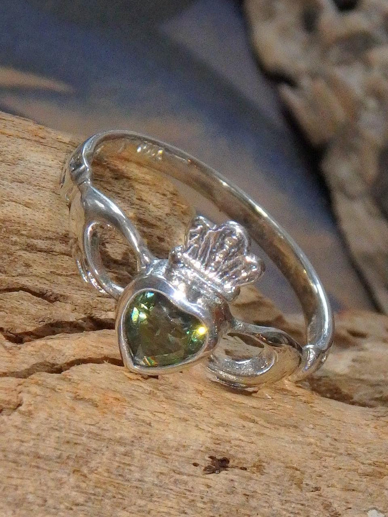 Faceted Moldavite Traditional Irish Claddagh Ring in Sterling Silver (Size 9) - Earth Family Crystals
