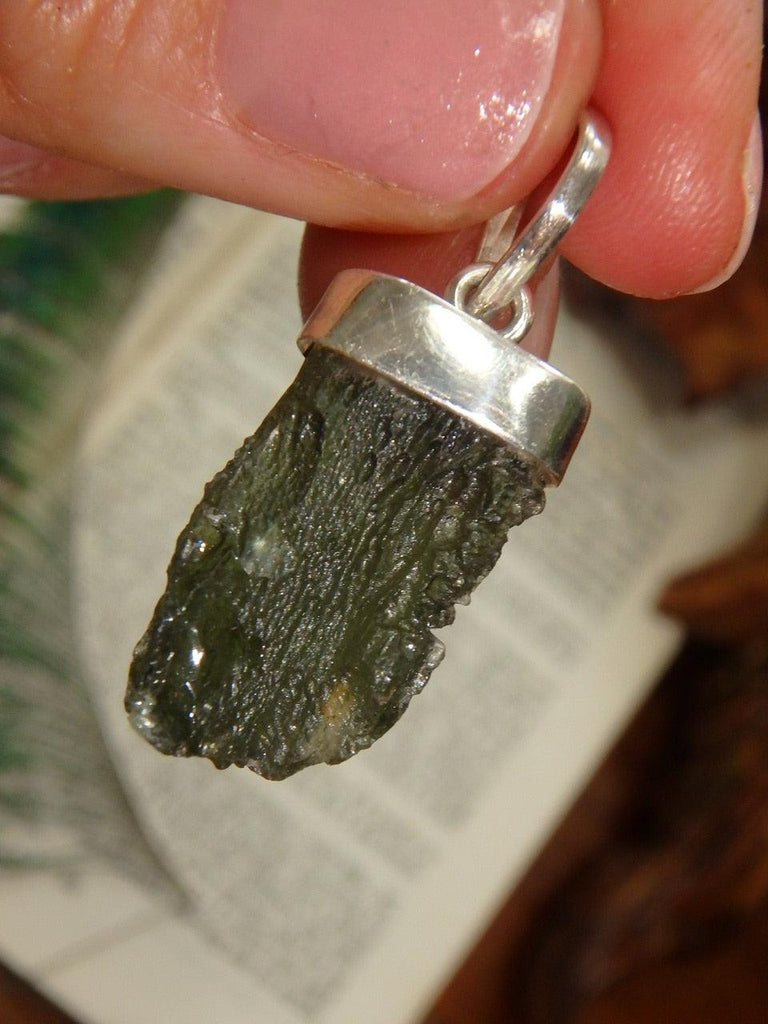 Forest Green Raw & Genuine Moldavite Pendant in Sterling Silver (Includes Silver Chain) - Earth Family Crystals