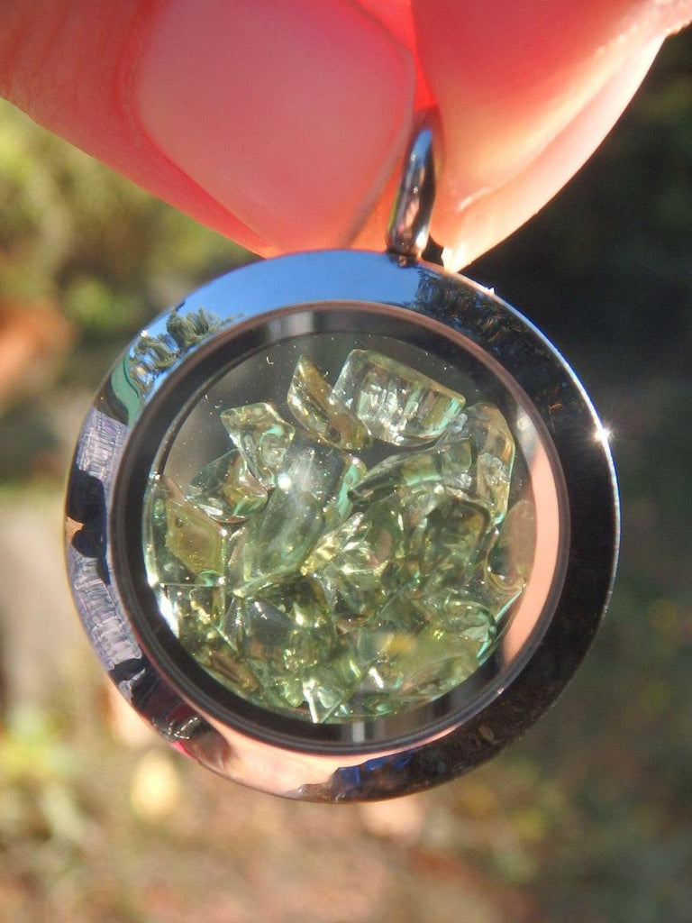 Polished Green Moldavite Floating Stones in Locket Style Stainless Steel Pendant (Includes Silver Chain) - Earth Family Crystals