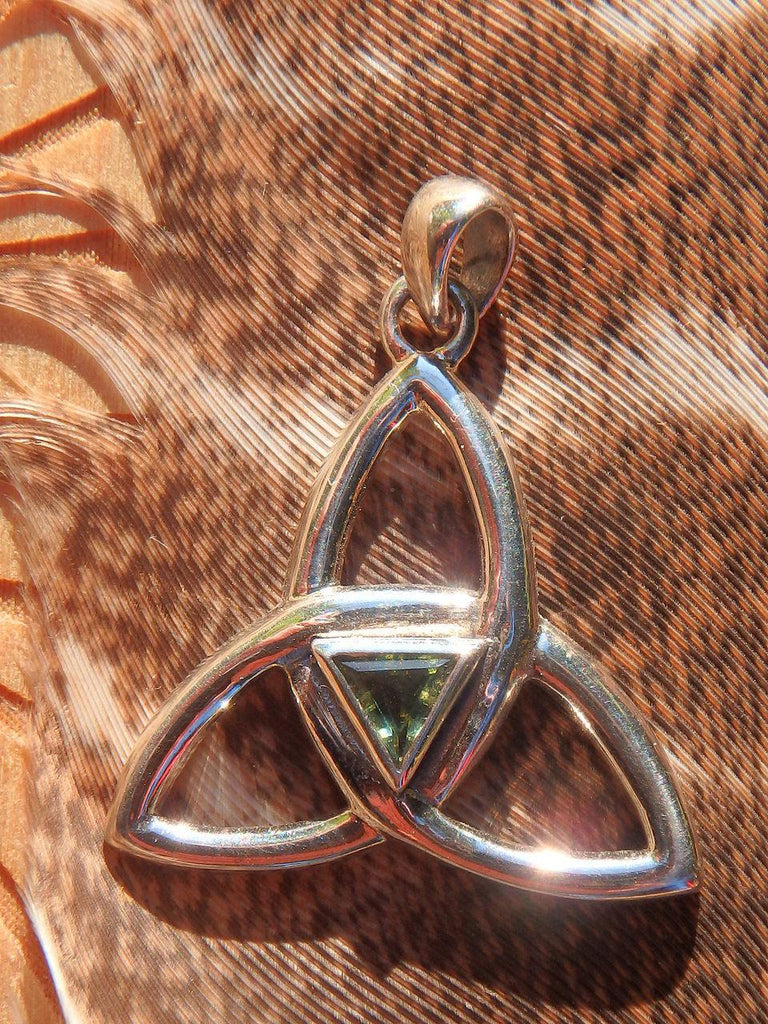 Fabulous Faceted Genuine Moldavite Triquetra Pendant in Sterling Silver (Includes Silver Chain) - Earth Family Crystals