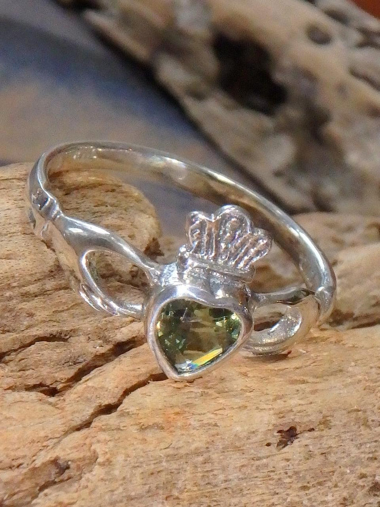 Faceted Moldavite Traditional Irish Claddagh Ring in Sterling Silver (Size 9) - Earth Family Crystals
