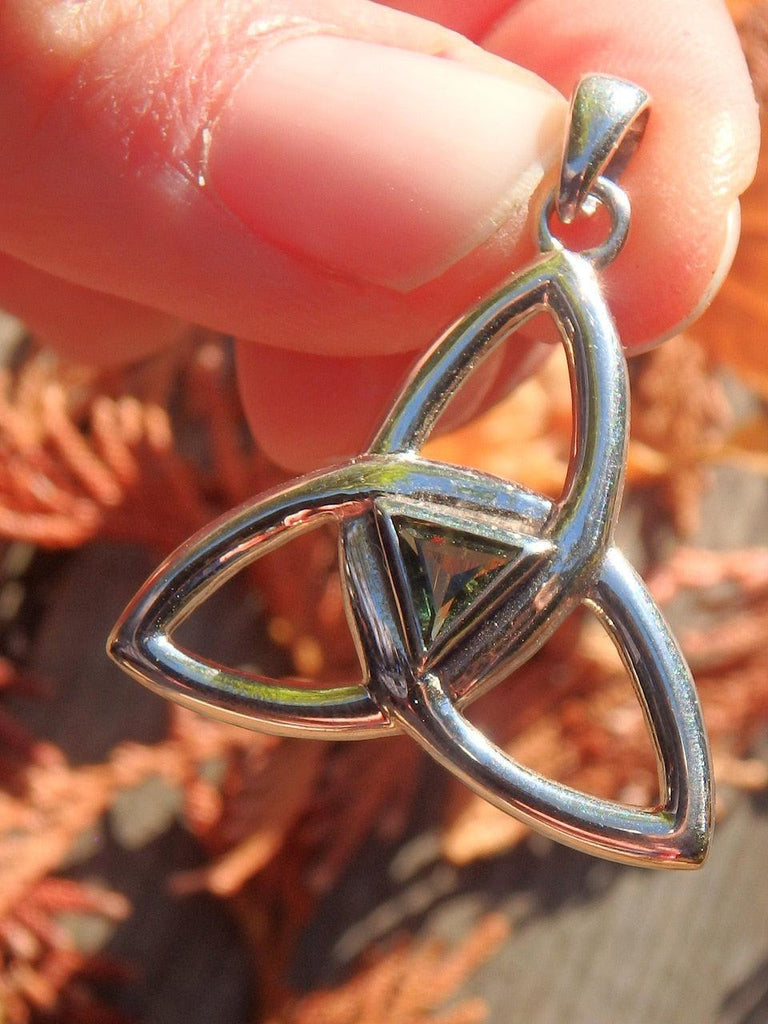 Fabulous Faceted Genuine Moldavite Triquetra Pendant in Sterling Silver (Includes Silver Chain) - Earth Family Crystals