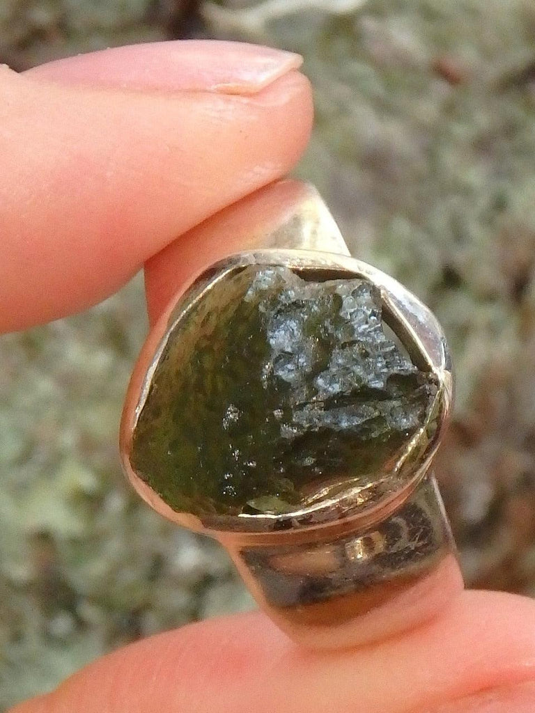 Stunning Raw & Natural Genuine Moldavite Ring in Sterling Silver (Size 8.5) - Earth Family Crystals