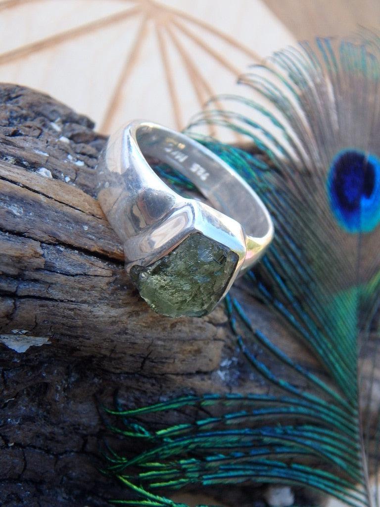 High Vibes! Raw Green Moldavite Gemstone Ring In Sterling Silver (Size 6.5) - Earth Family Crystals