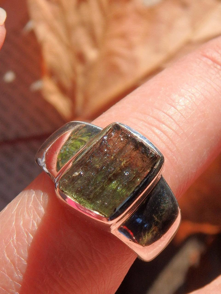 Great Texture Genuine Green Moldavite Ring In Sterling Silver (Size 8) - Earth Family Crystals