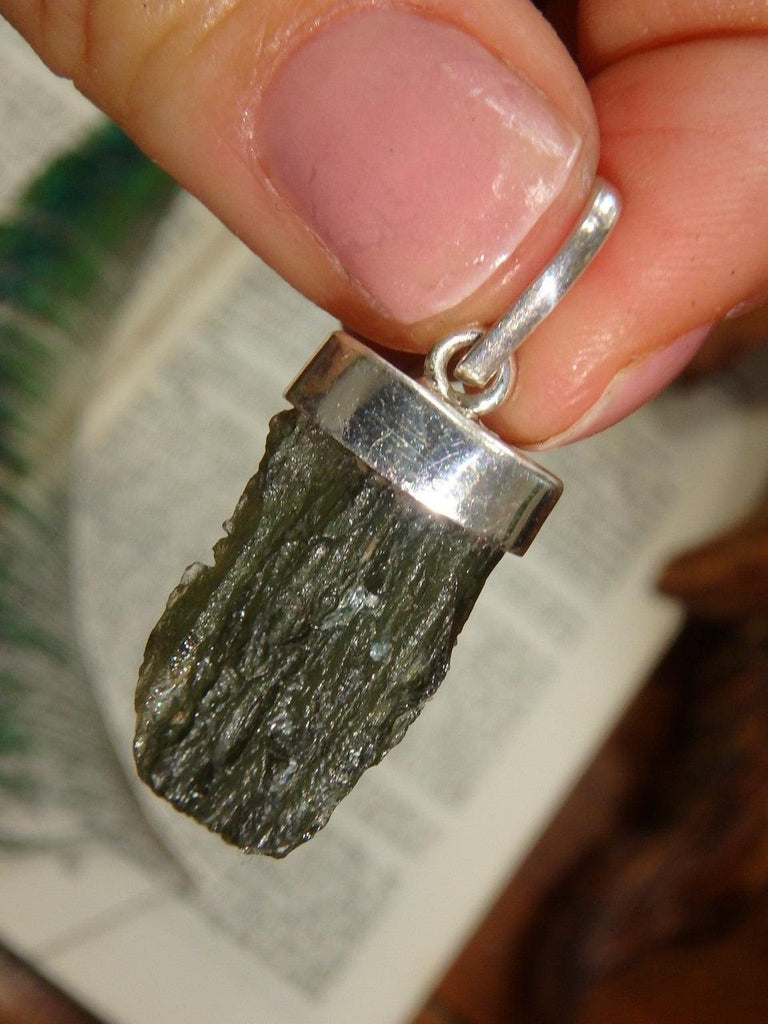 Forest Green Raw & Genuine Moldavite Pendant in Sterling Silver (Includes Silver Chain) - Earth Family Crystals