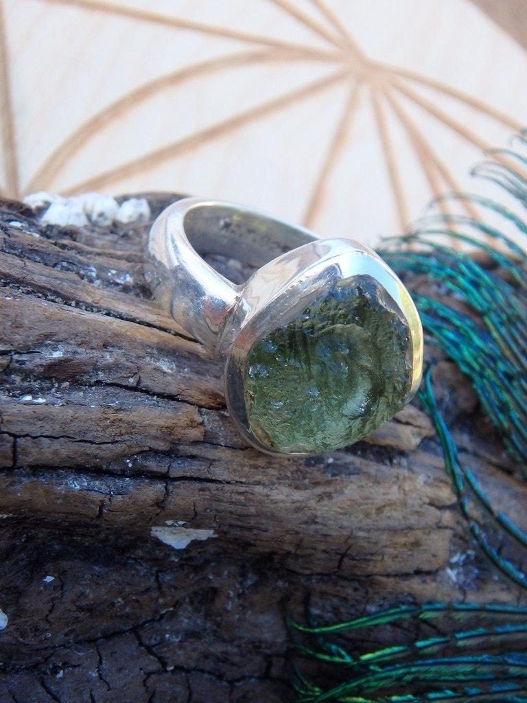 Amazing Raw Green Moldavite Gemstone Ring In Sterling Silver (Size 8) - Earth Family Crystals