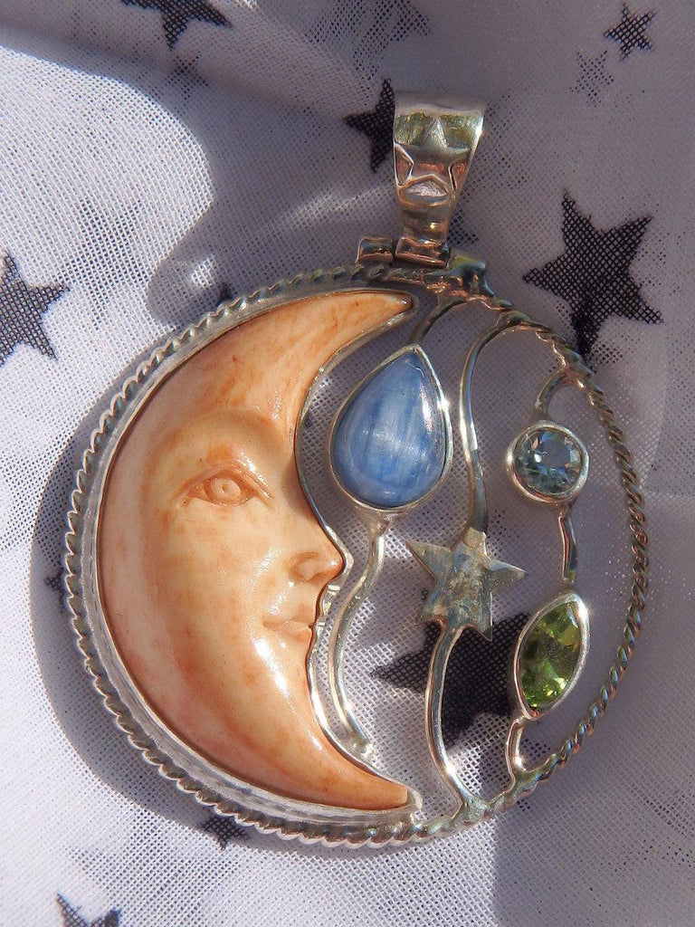 Faceted Blue Topaz, Peridot & Blue Kyanite Crescent Moon Bone Pendant in Sterling Silver (Includes Silver Chain) - Earth Family Crystals