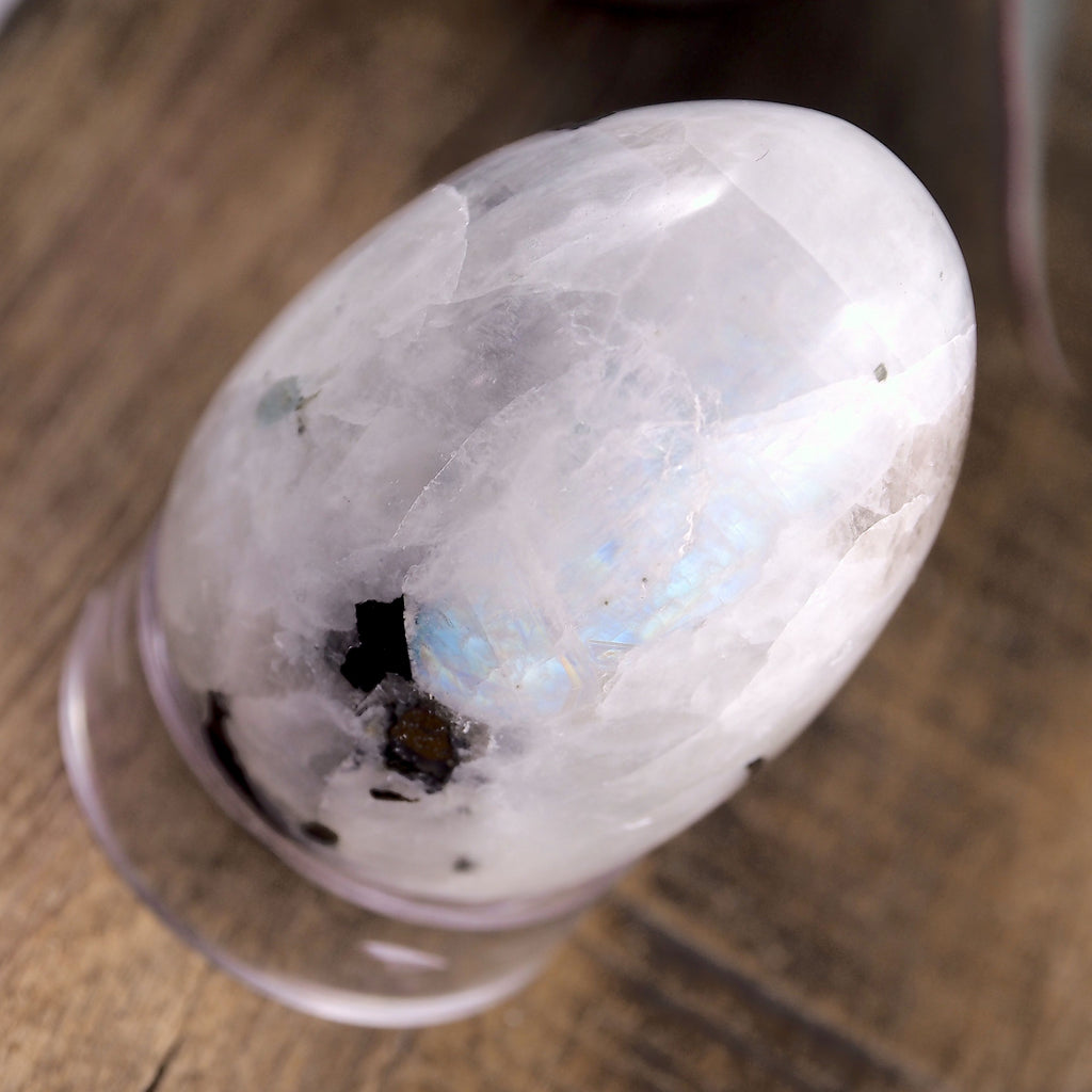 Fantastic Flashes Rainbow Moonstone & Black Tourmaline Egg Carving - Earth Family Crystals
