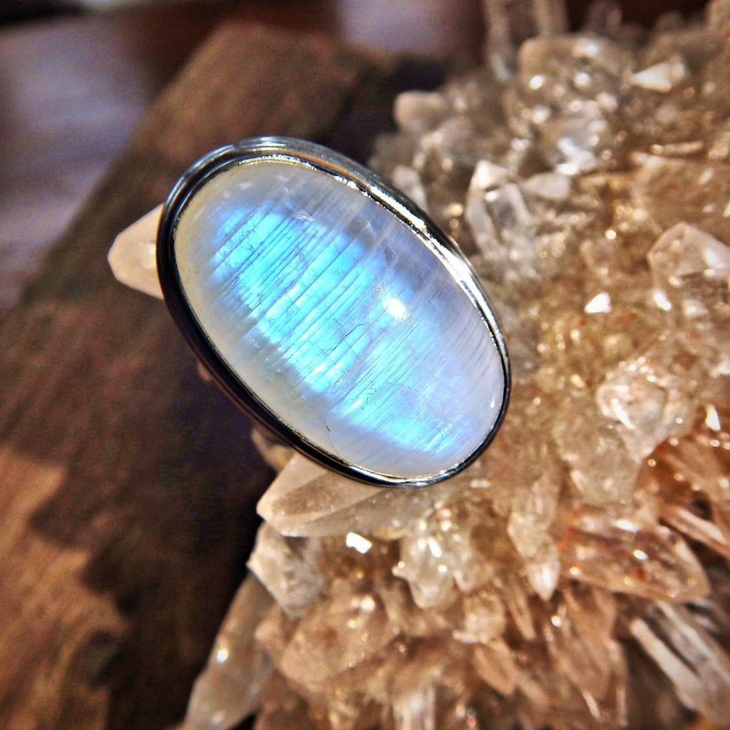 Gorgeous Ribbons of Blue Flash Goddess Moonstone Sterling Silver Ring (Size 7) - Earth Family Crystals