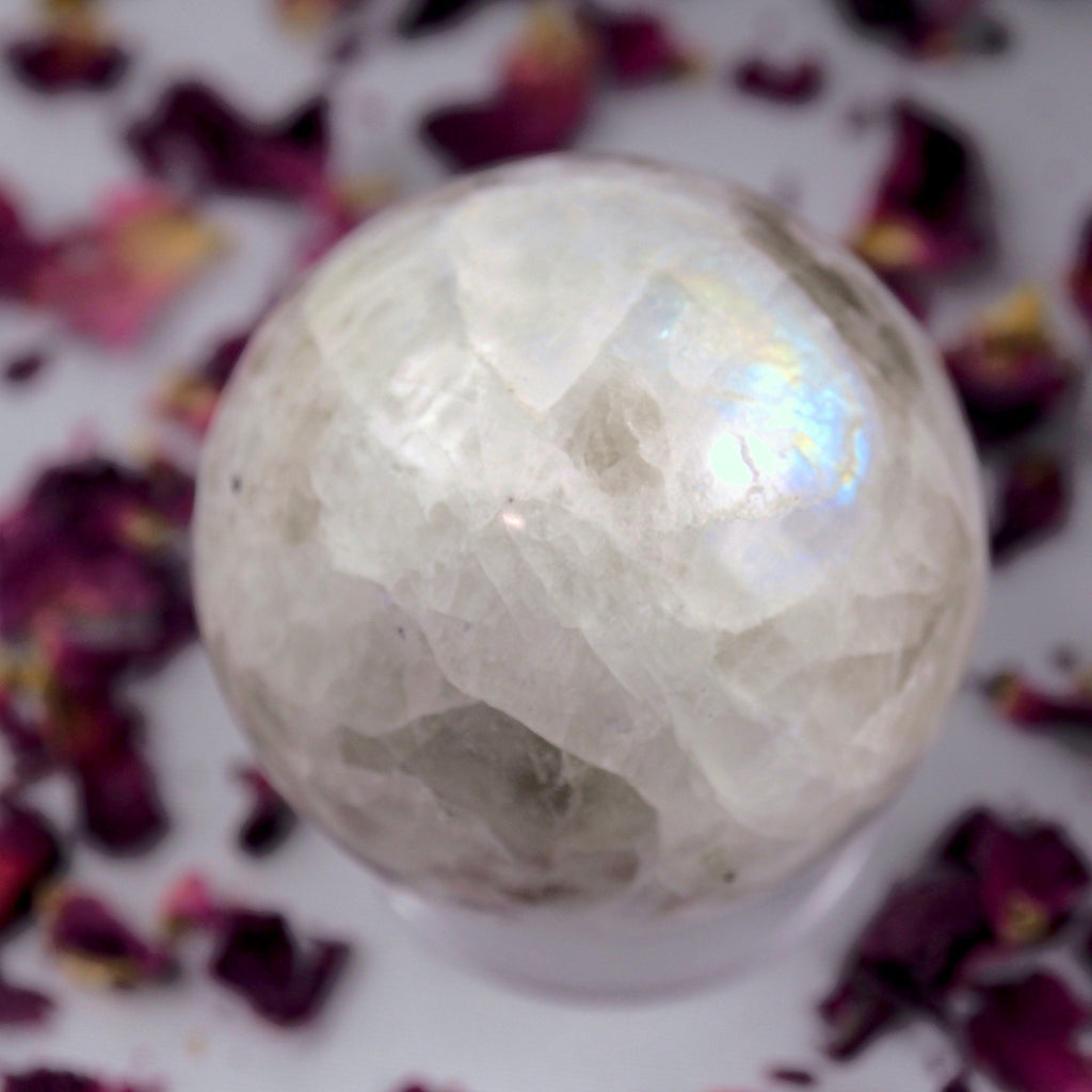 Gorgeous Rainbow Moonstone & Black Tourmaline Small Sphere Carving - Earth Family Crystals
