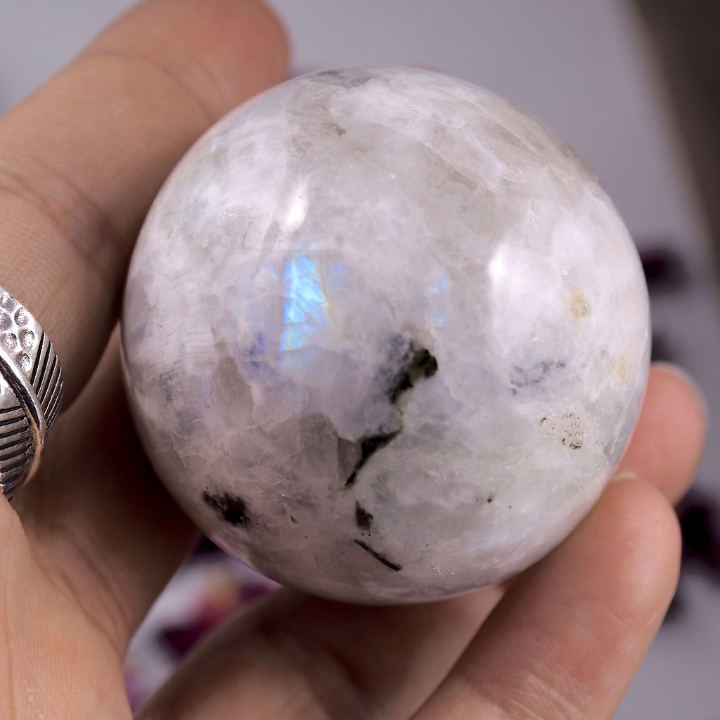 Stunning Rainbow Moonstone & Black Tourmaline Medium Sphere Carving - Earth Family Crystals