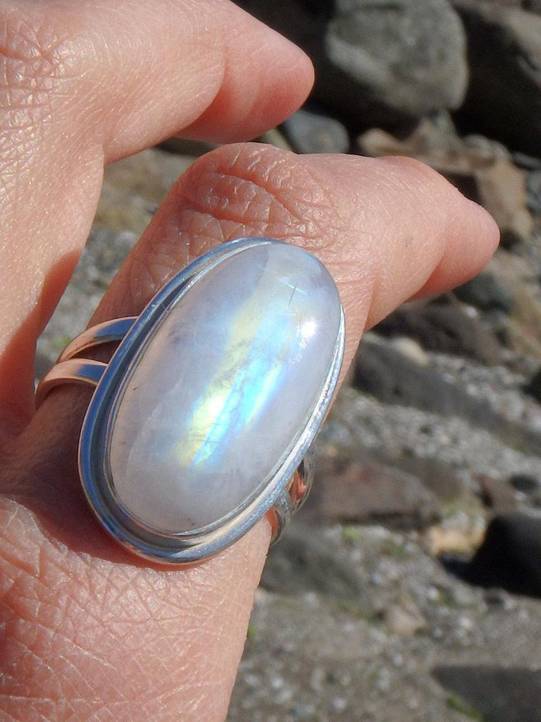 Long & Fabulous Moving Flashes Rainbow Moonstone Ring in Sterling Silver (Size 10) - Earth Family Crystals