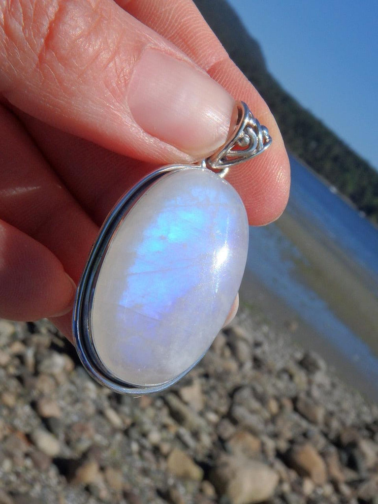 Mystical Royal Blue Flash Rainbow Moonstone Pendant in Sterling Silver (Includes Silver Chain) - Earth Family Crystals