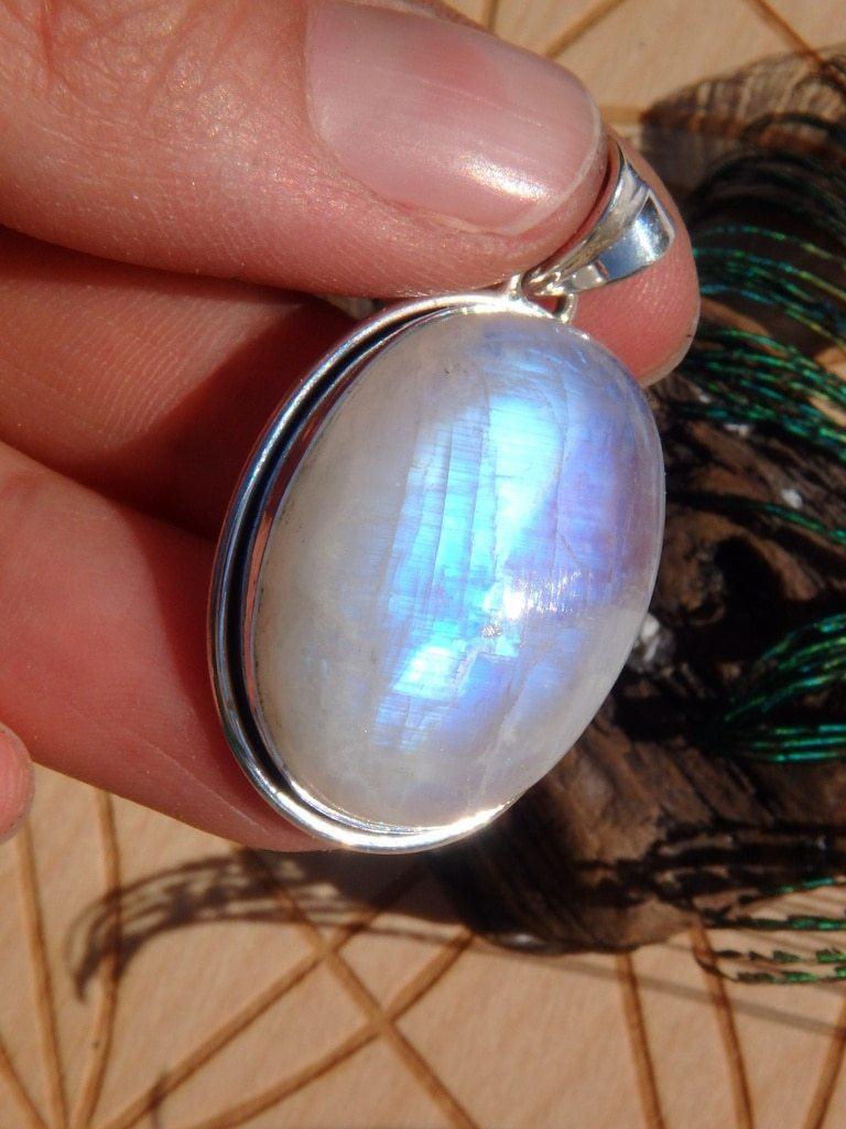 Brilliant Blue Flash Rainbow Moonstone Gemstone Pendant In Sterling Silver (Includes Silver Chain) - Earth Family Crystals