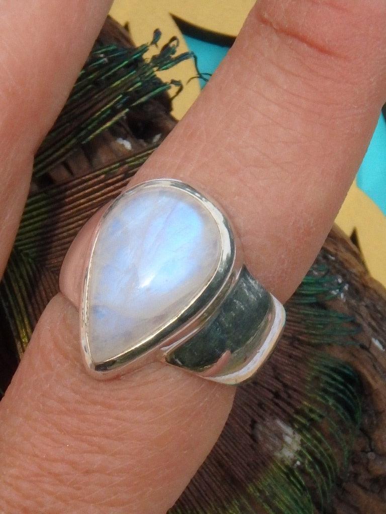 Very Pretty! Teardrop Rainbow Moonstone Ring In Sterling Silver (Size 7) - Earth Family Crystals