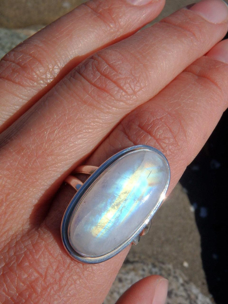 Long & Fabulous Moving Flashes Rainbow Moonstone Ring in Sterling Silver (Size 10) - Earth Family Crystals