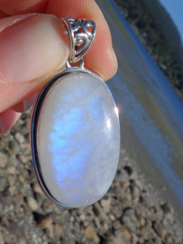 Mystical Royal Blue Flash Rainbow Moonstone Pendant in Sterling Silver (Includes Silver Chain) - Earth Family Crystals