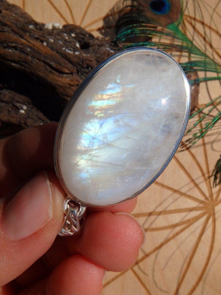 Brilliant Light~ Large Rainbow Moonstone Gemstone Pendant In Sterling Silver (Includes Silver Chain) - Earth Family Crystals