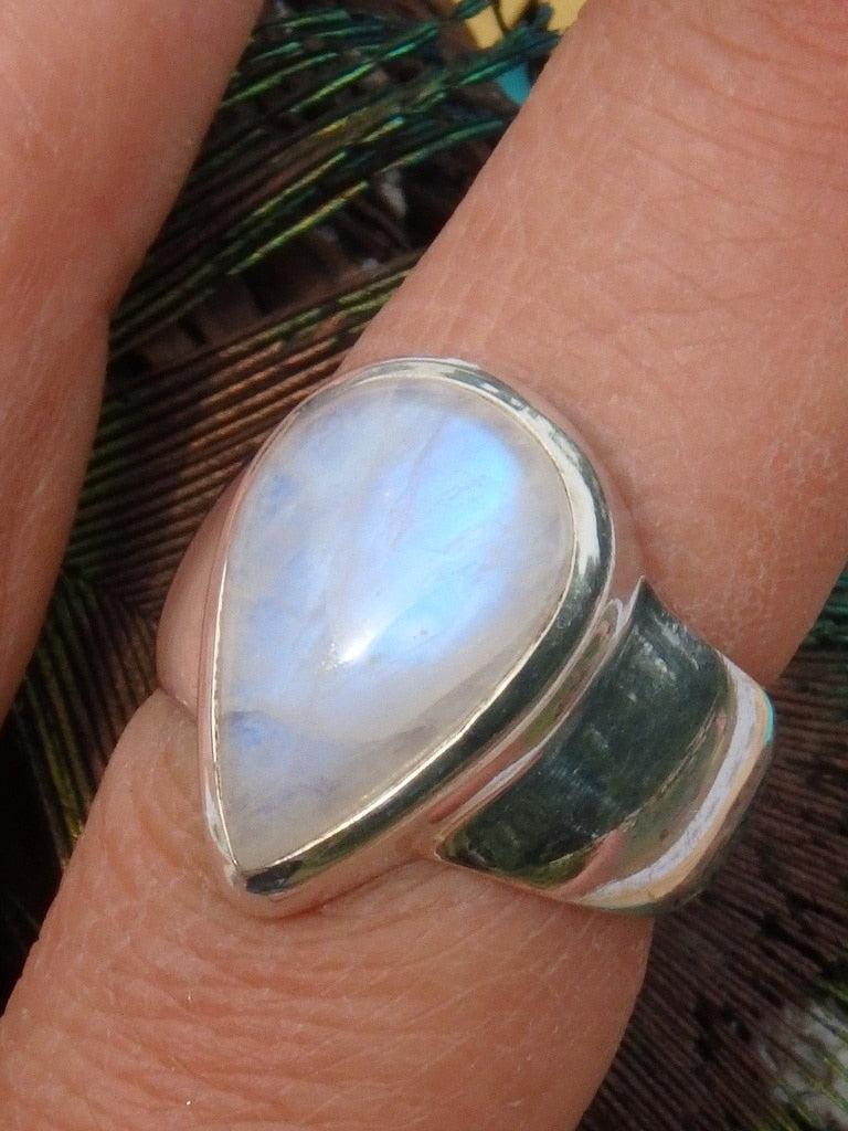 Very Pretty! Teardrop Rainbow Moonstone Ring In Sterling Silver (Size 7) - Earth Family Crystals