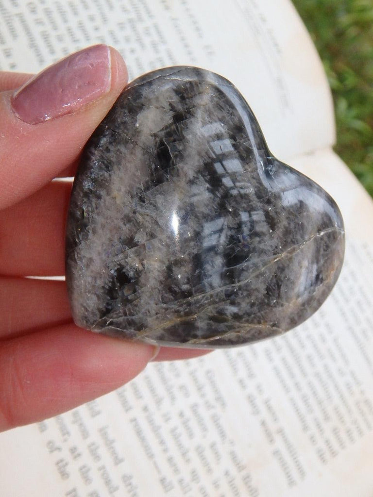 High Flash Black Moonstone Hand Held Heart 1 - Earth Family Crystals