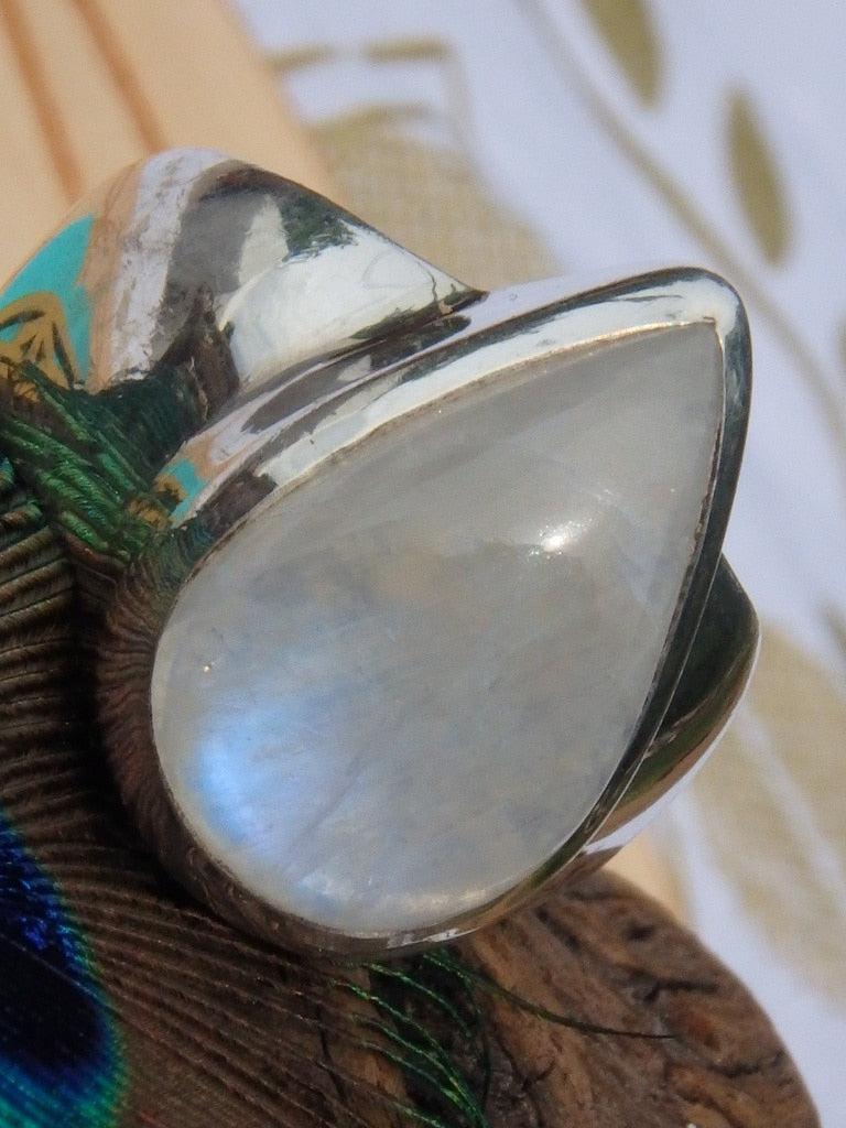 Very Pretty! Teardrop Rainbow Moonstone Ring In Sterling Silver (Size 7) - Earth Family Crystals