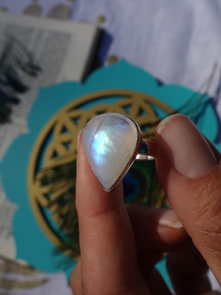 Pretty Teardrop Rainbow Moonstone Ring In Sterling Silver (Size 6) - Earth Family Crystals