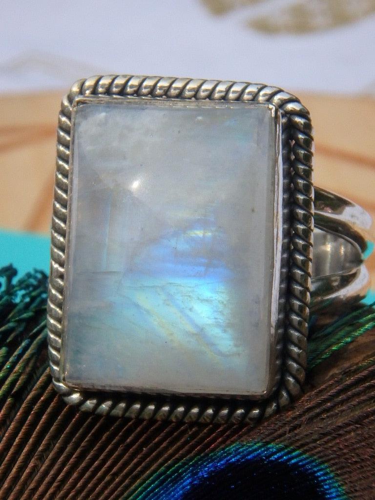 Mystical Flash~Rainbow Moonstone  Ring In Sterling Silver (Size 8) - Earth Family Crystals