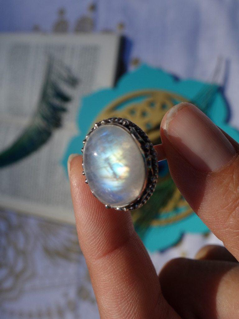 Awesome Flashes~Rainbow Moonstone Ring In Sterling Silver (Size 8) - Earth Family Crystals