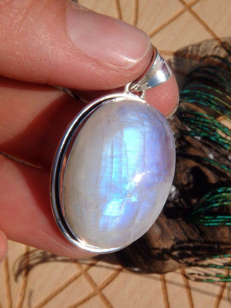 Brilliant Blue Flash Rainbow Moonstone Gemstone Pendant In Sterling Silver (Includes Silver Chain) - Earth Family Crystals
