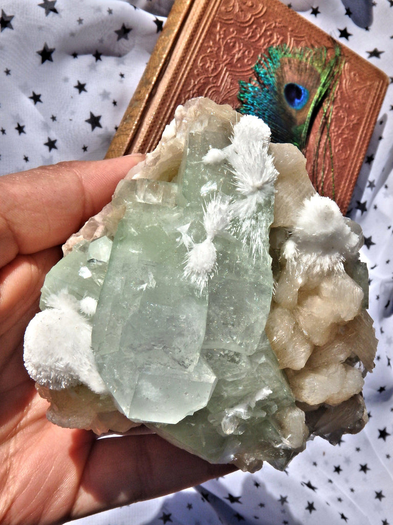 Delightful Rare Mordenite Blooming Patterns on Green Apophyllite & Pink Stilbite Matrix From India - Earth Family Crystals