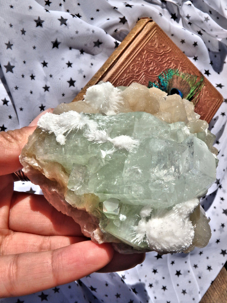 Delightful Rare Mordenite Blooming Patterns on Green Apophyllite & Pink Stilbite Matrix From India - Earth Family Crystals