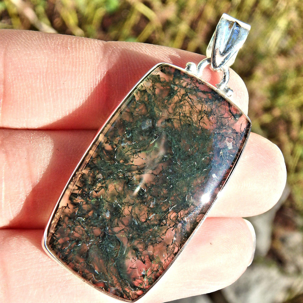 Mysterious Forest Green Moss Agate Large  Pendant in Sterling Silver (Includes Silver Chain) - Earth Family Crystals