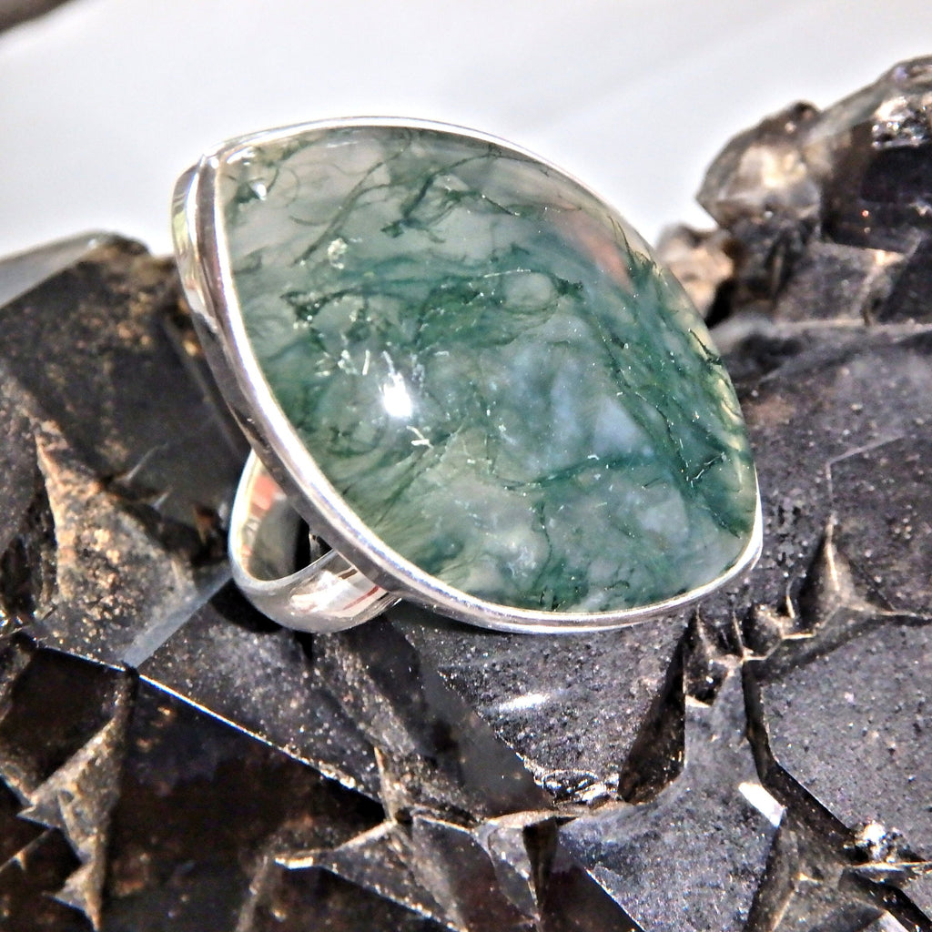 Earthy Green Veins Moss Agate  Gemstone Ring in Sterling Silver (Size 7.5) - Earth Family Crystals