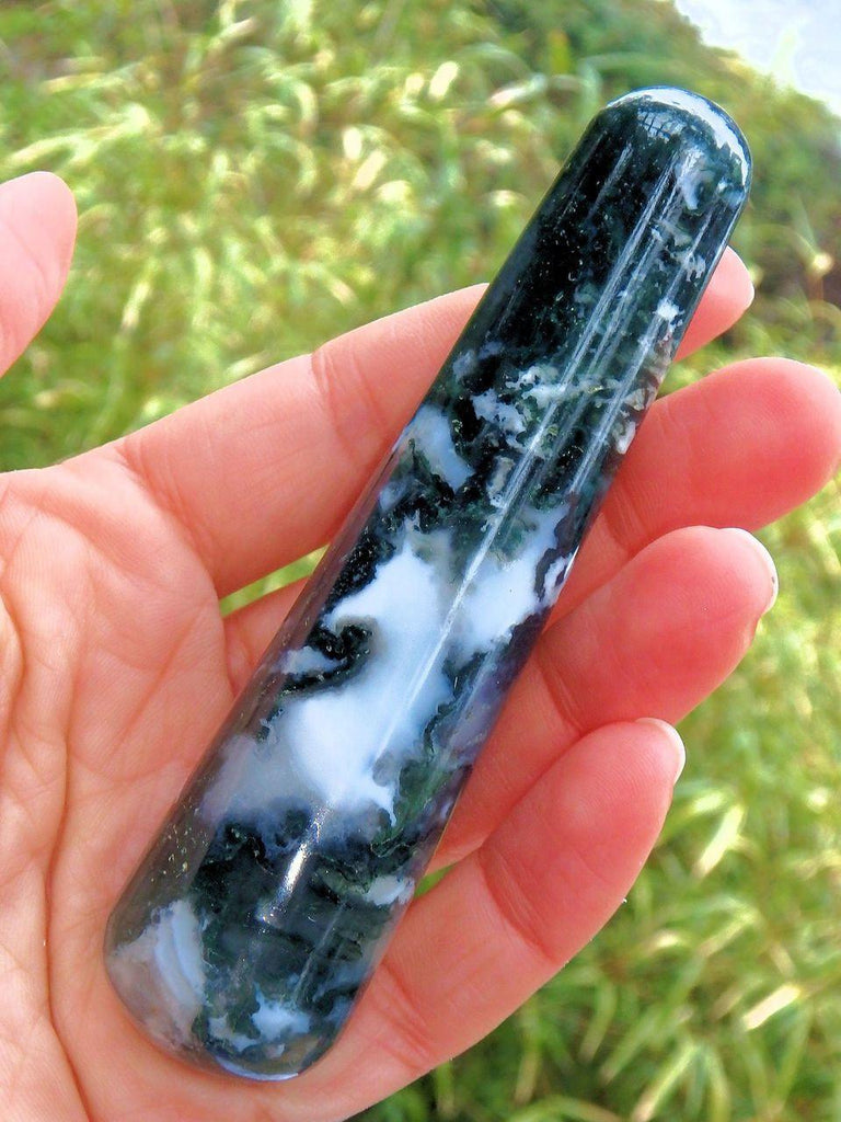 Creamy White & Green Moss Agate Wand Carving - Earth Family Crystals