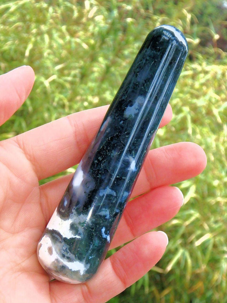 Creamy White & Green Moss Agate Wand Carving - Earth Family Crystals