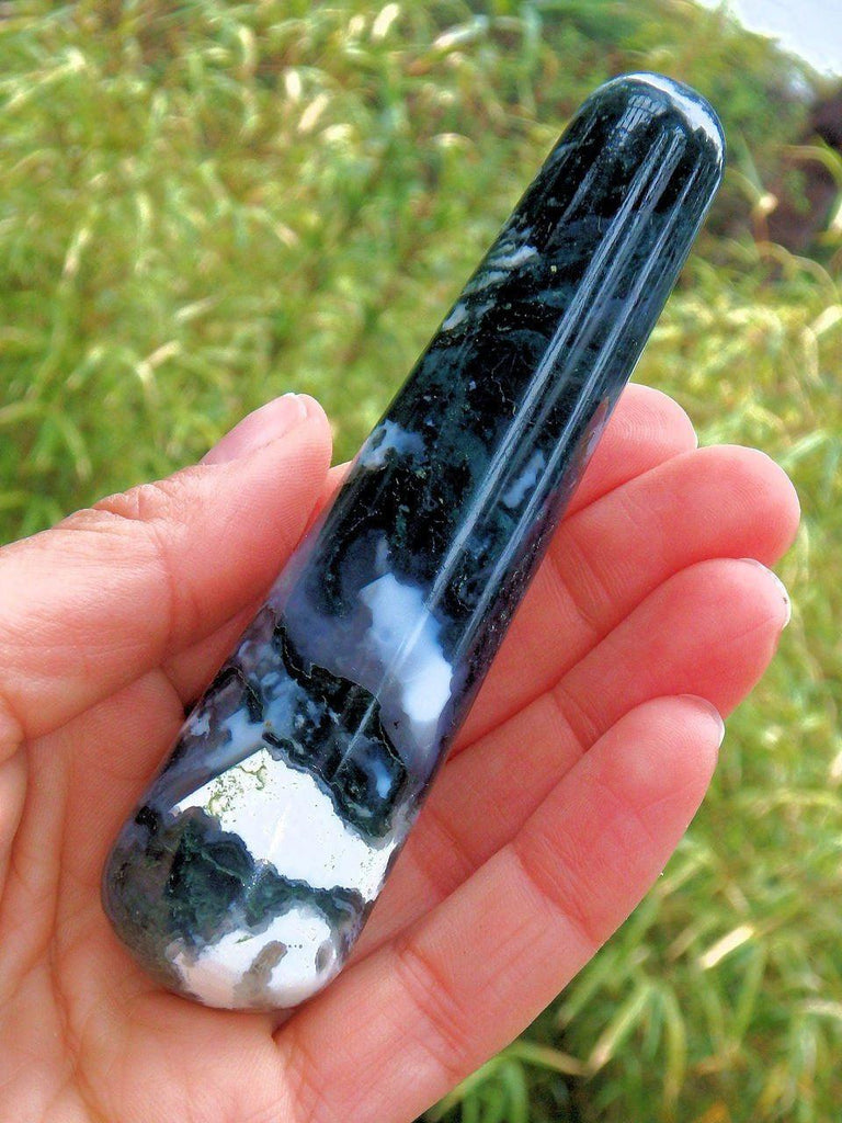 Creamy White & Green Moss Agate Wand Carving - Earth Family Crystals